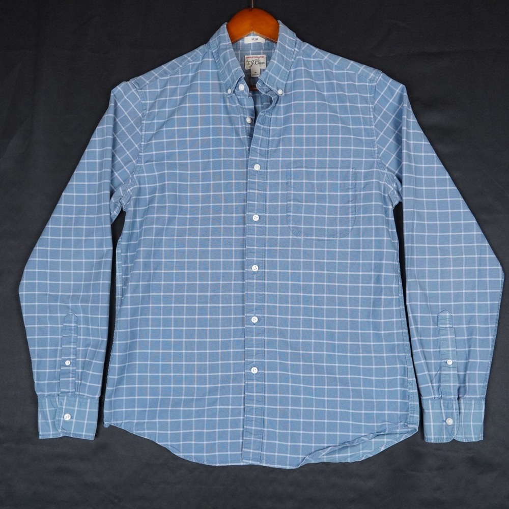 J.Crew Button Down Shirt Mens M Blue Grid OCBD Pima Cotton Slim Fit